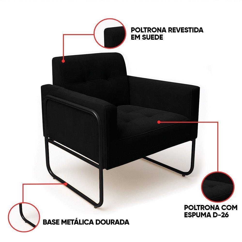 Poltrona Sala Industrial Alta Tubo Preto Kit 2 Elisa Suede D03 - D'rossi Cor Preto - 7