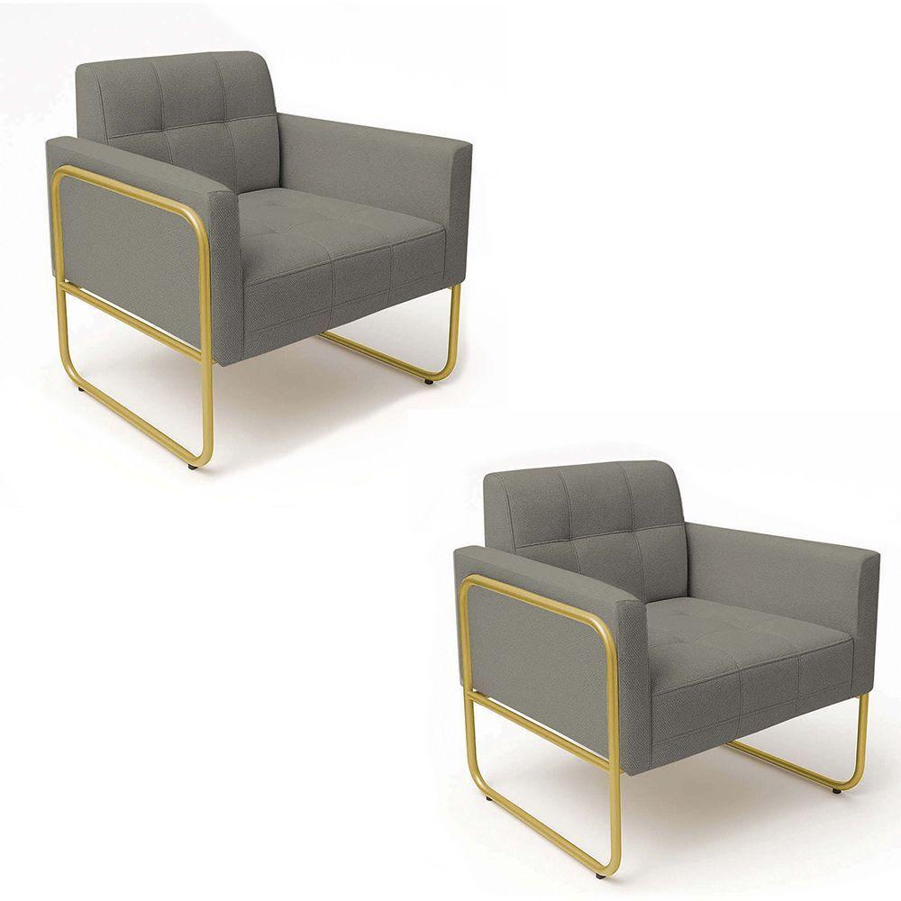 Poltrona Sala Industrial Alta Tubo Dourado Kit 2 Elisa Linho Grafite D03 - D'rossi - 2