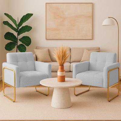 Poltrona Sala Industrial Alta Tubo Dourado Kit 2 Elisa Bouclê D03 - D'rossi Cor Cinza