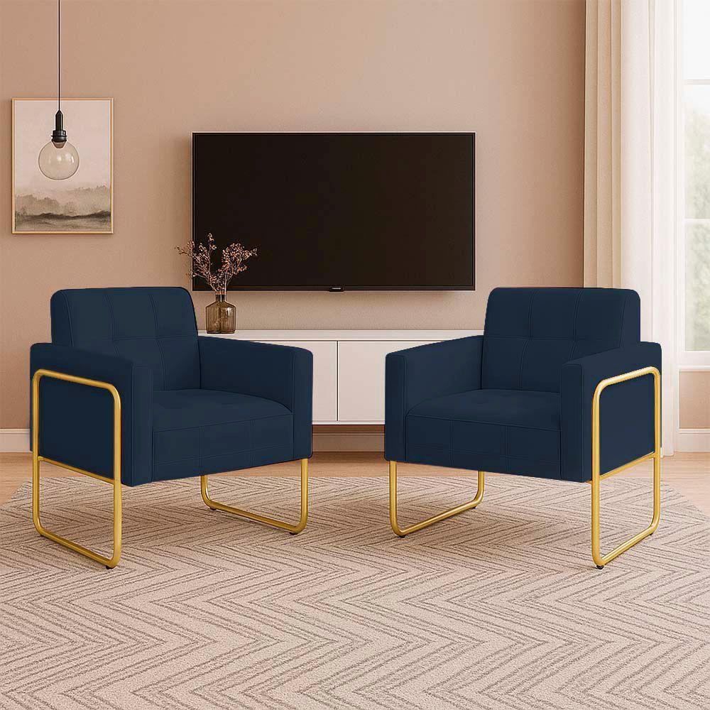 Poltrona Sala Industrial Alta Tubo Dourado Kit 2 Elisa Suede D03 - D'rossi Cor Azul Marinho - 1