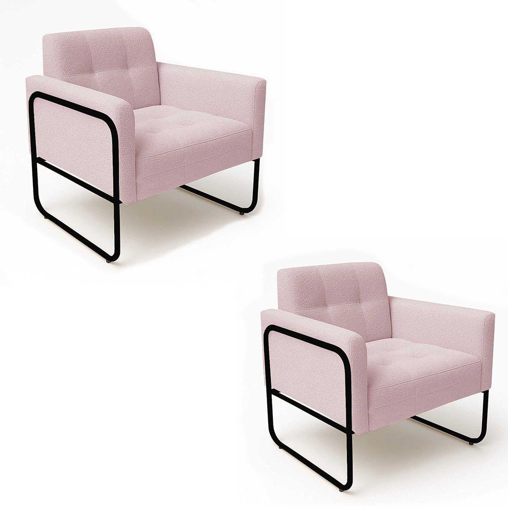Poltrona Sala Industrial Alta Tubo Preto Kit 2 Elisa Bouclê Rosê D03 - D'rossi - 2