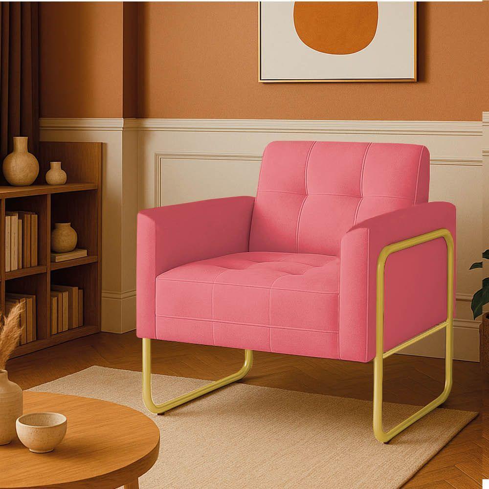 Poltrona Sala Industrial Alta Tubo Dourado Elisa Suede D03 - D'rossi Cor Rose - 1