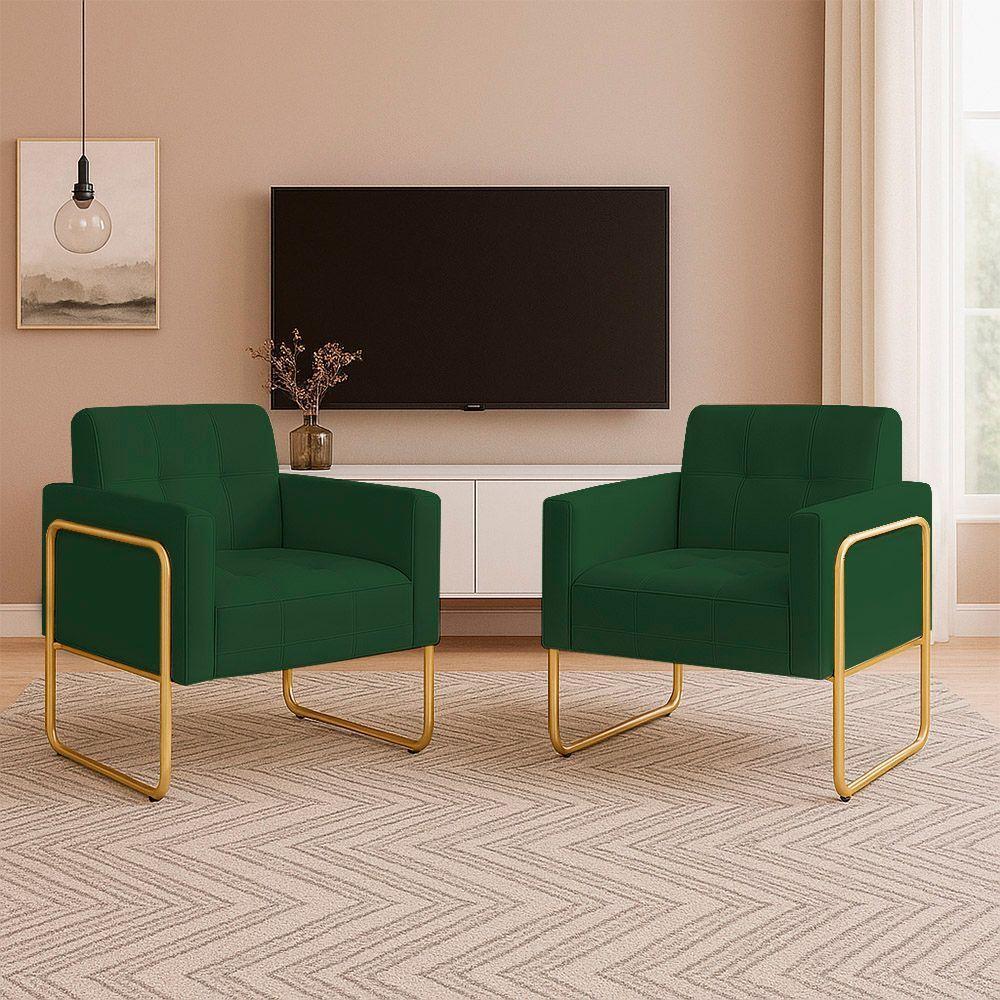 Poltrona Sala Industrial Alta Tubo Dourado Kit 2 Elisa Veludo D03 - D'rossi Cor Verde - 1
