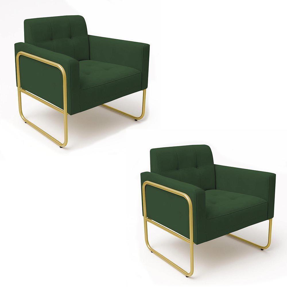 Poltrona Sala Industrial Alta Tubo Dourado Kit 2 Elisa Veludo D03 - D'rossi Cor Verde - 2