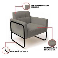 Poltrona Sala Industrial Alta Tubo Preto Kit 2 Elisa Linho D03 - D'rossi Cor Grafite - 3