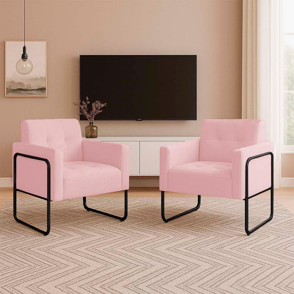 Poltrona Sala Industrial Alta Tubo Preto Kit 2 Elisa Suede D03 - D'rossi Cor Rosa Bebê - 1