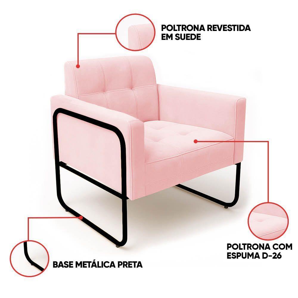 Poltrona Sala Industrial Alta Tubo Preto Kit 2 Elisa Suede D03 - D'rossi Cor Rosa Bebê - 3