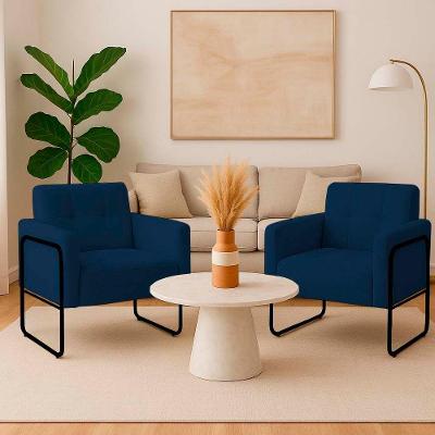 Poltrona Sala Industrial Alta Tubo Preto Kit 2 Elisa Bouclê Azul D03 - D'rossi