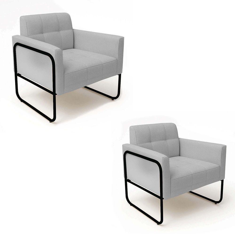 Poltrona Sala Industrial Alta Tubo Preto Kit 2 Elisa Linho D03 - D'rossi Cor Cinza - 2