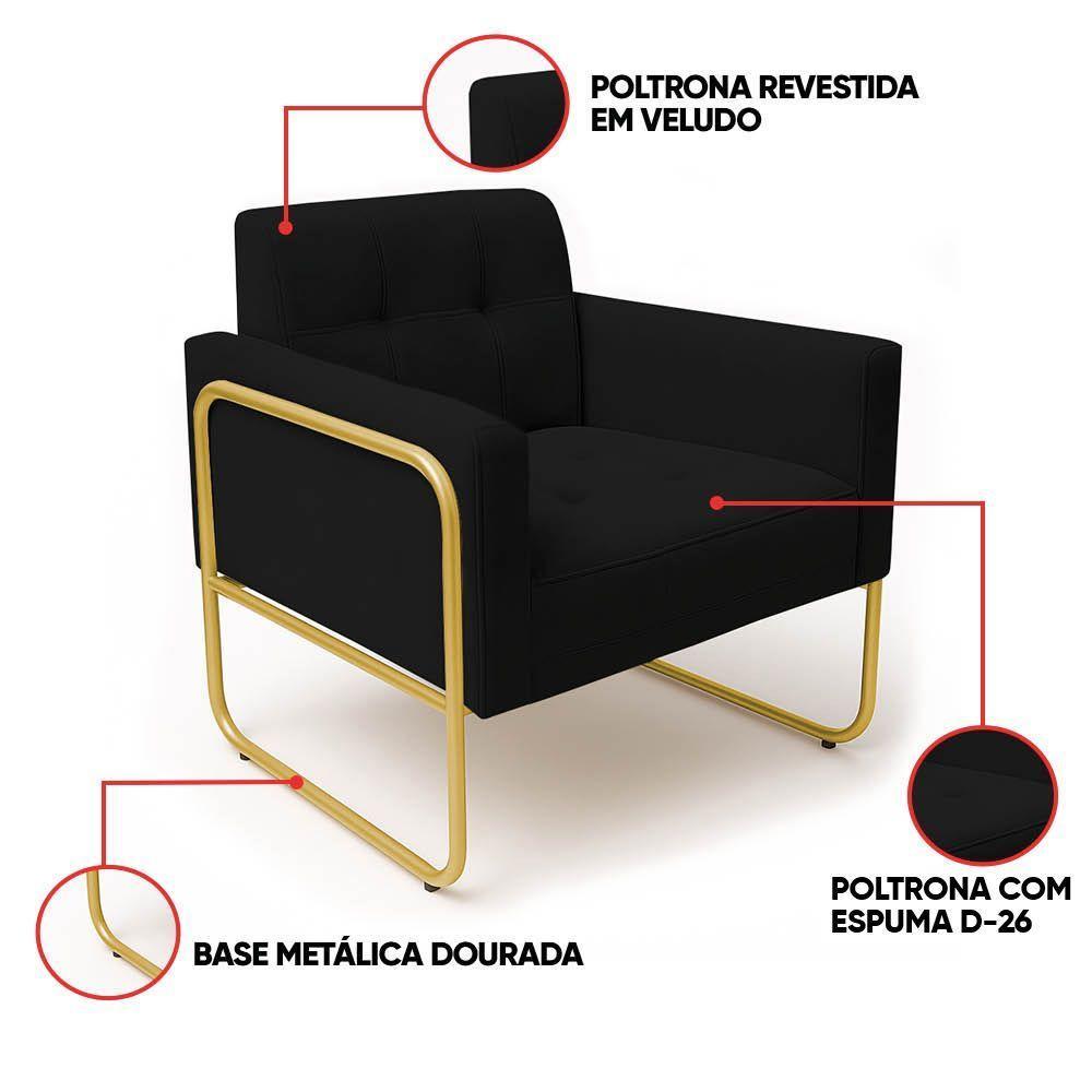 Poltrona Sala Industrial Alta Tubo Dourado Kit 2 Elisa Veludo D03 - D'rossi Cor Preto - 3