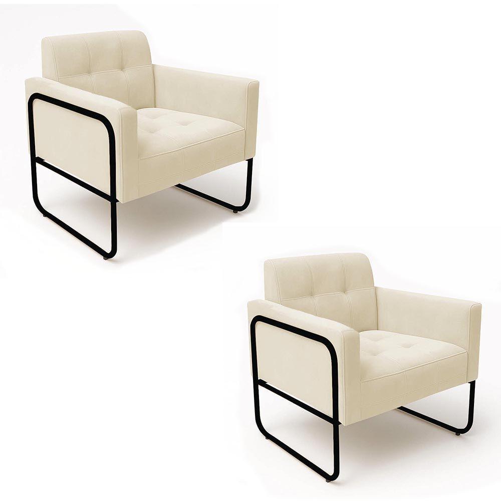 Poltrona Sala Industrial Alta Tubo Preto Kit 2 Elisa Veludo D03 - D'rossi Cor Bege - 2