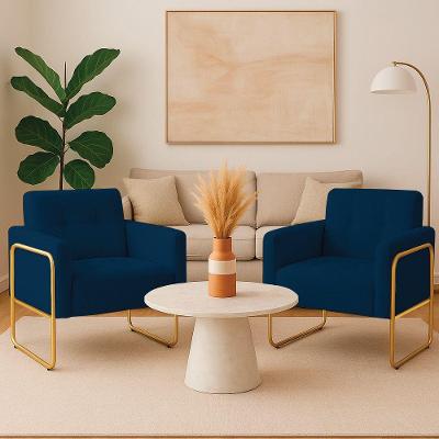 Poltrona Sala Industrial Alta Tubo Dourado Kit 2 Elisa Bouclê Azul D03 - D'rossi