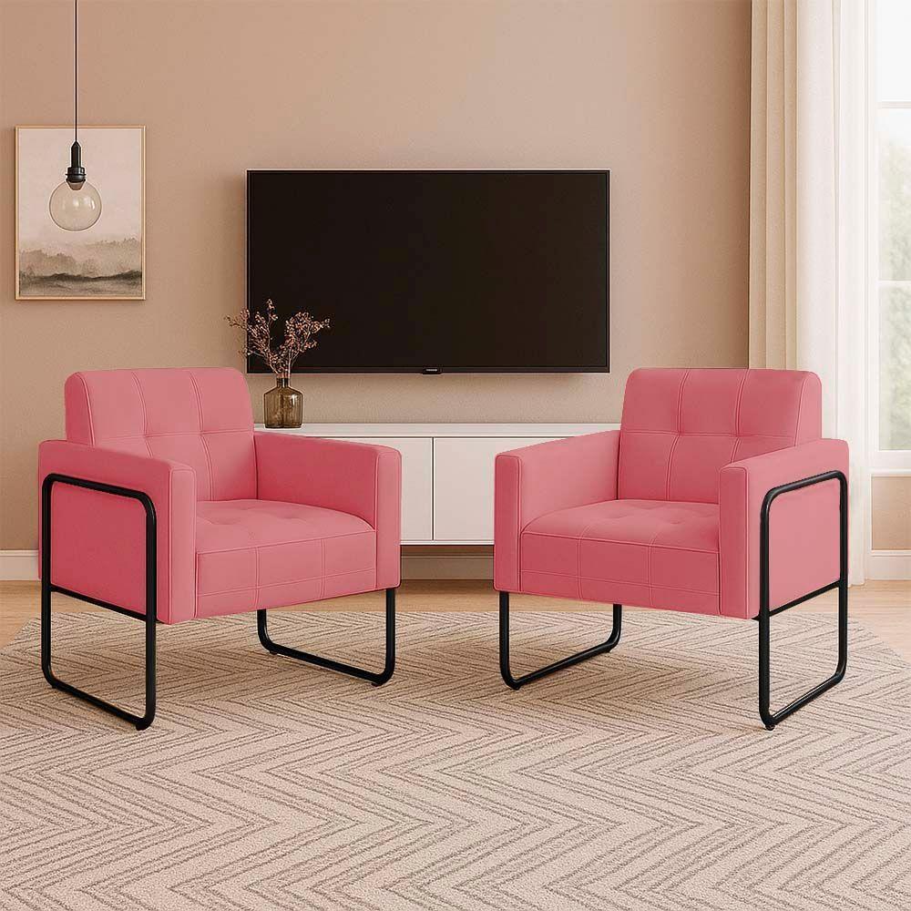 Poltrona Sala Industrial Alta Tubo Preto Kit 2 Elisa Suede D03 - D'rossi Cor Rose - 1