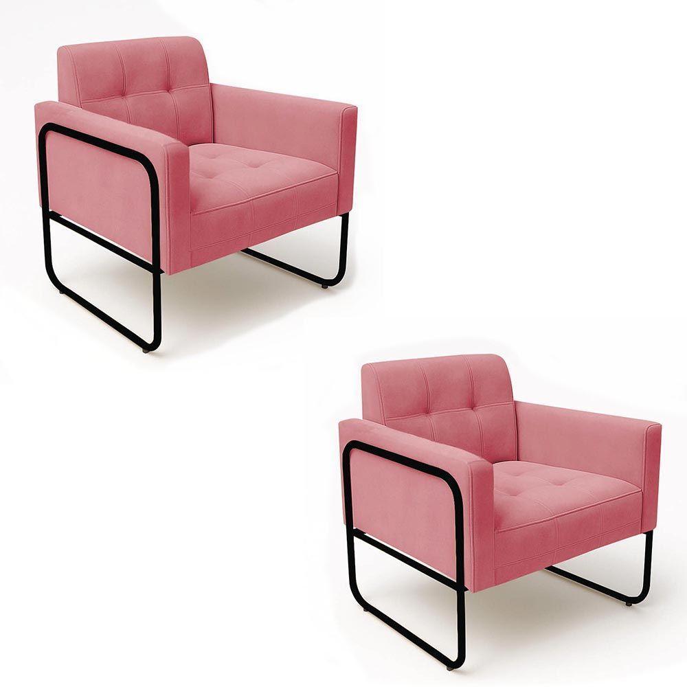 Poltrona Sala Industrial Alta Tubo Preto Kit 2 Elisa Suede D03 - D'rossi Cor Rose - 2