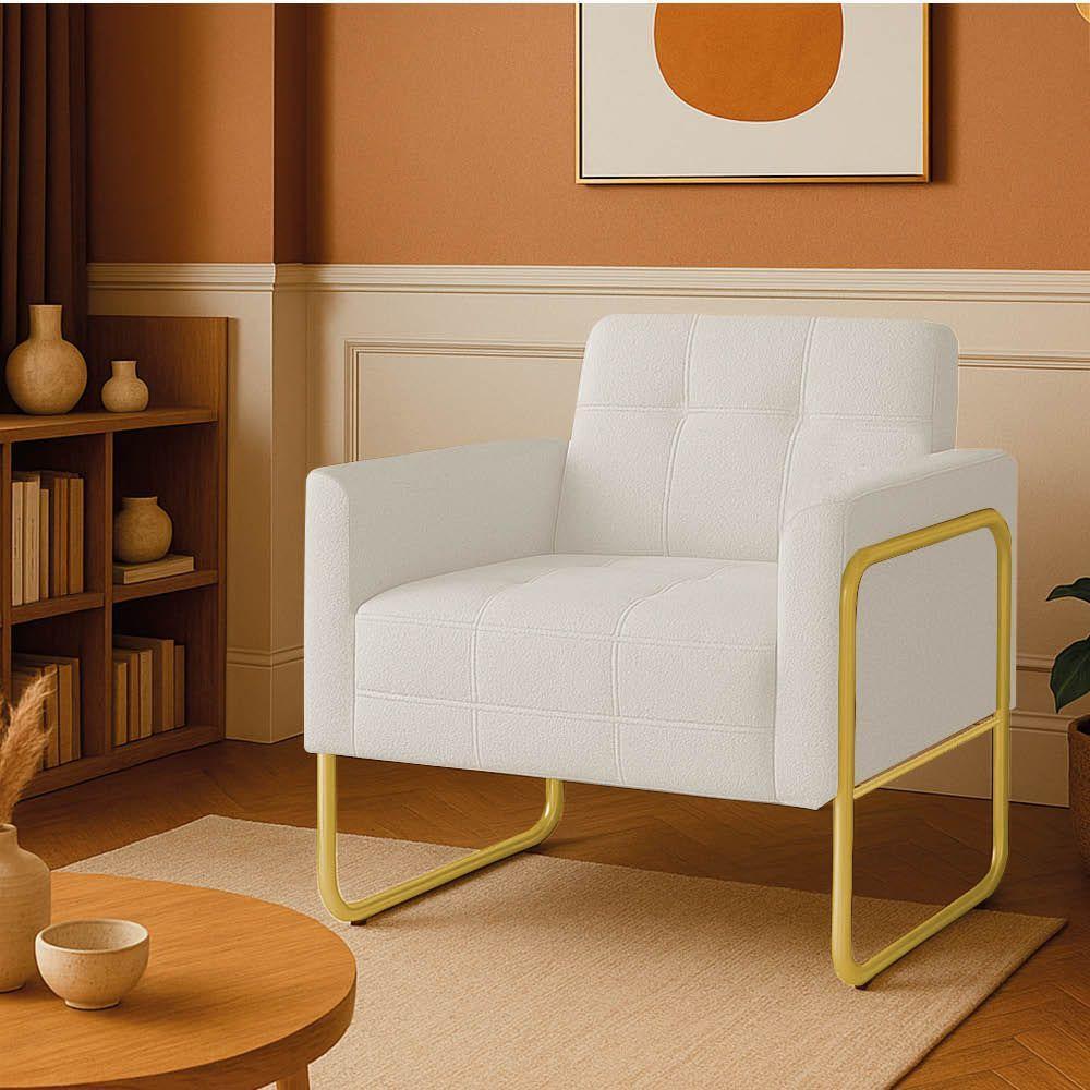 Poltrona Sala Industrial Alta Tubo Dourado Elisa Bouclê D03 - D'rossi Cor Off White - 1