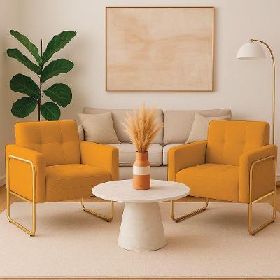 Poltrona Sala Industrial Alta Tubo Dourado Kit 2 Elisa Bouclê Mostarda D03 - D'rossi