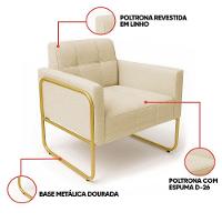 Poltrona Sala Industrial Alta Tubo Dourado Elisa Linho Bege D03 - D'rossi - 3