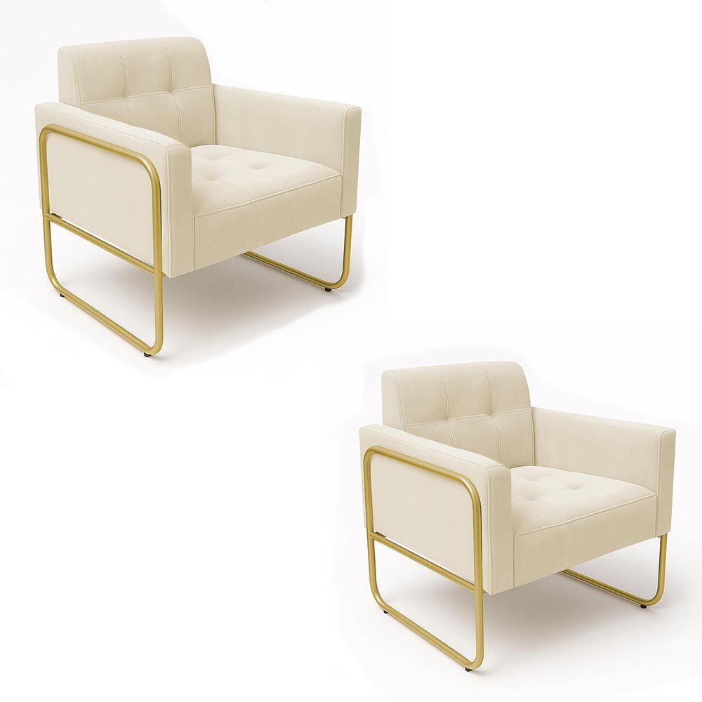Poltrona Sala Industrial Alta Tubo Dourado Kit 2 Elisa Suede Bege D03 - D'rossi - 2