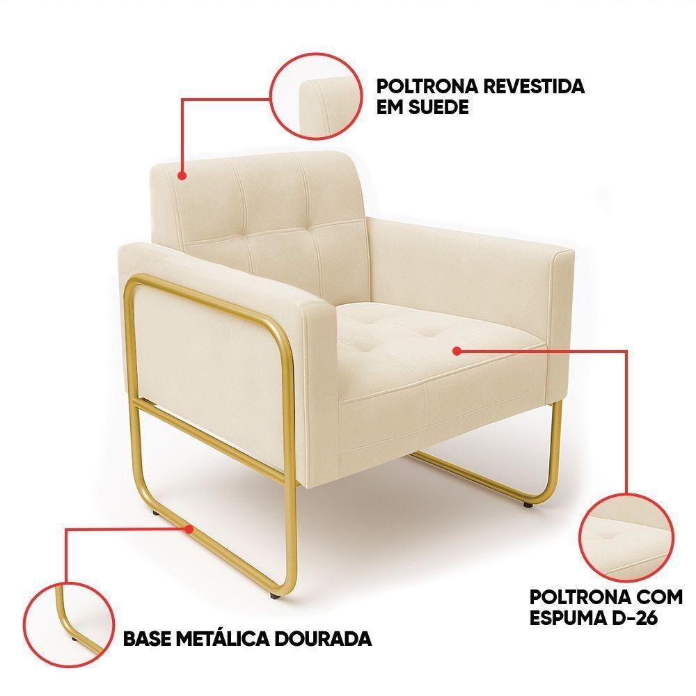 Poltrona Sala Industrial Alta Tubo Dourado Kit 2 Elisa Suede Bege D03 - D'rossi - 3