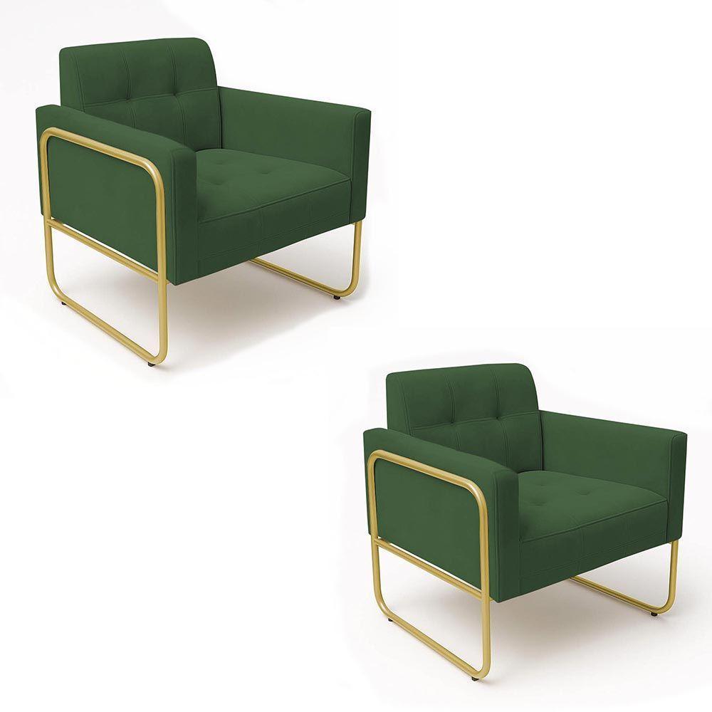 Poltrona Sala Industrial Alta Tubo Dourado Kit 2 Elisa Suede Verde D03 - D'rossi - 2