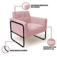 Poltrona Sala Industrial Alta Tubo Preto Kit 2 Elisa Veludo D03 - D'rossi Cor Rose - 3