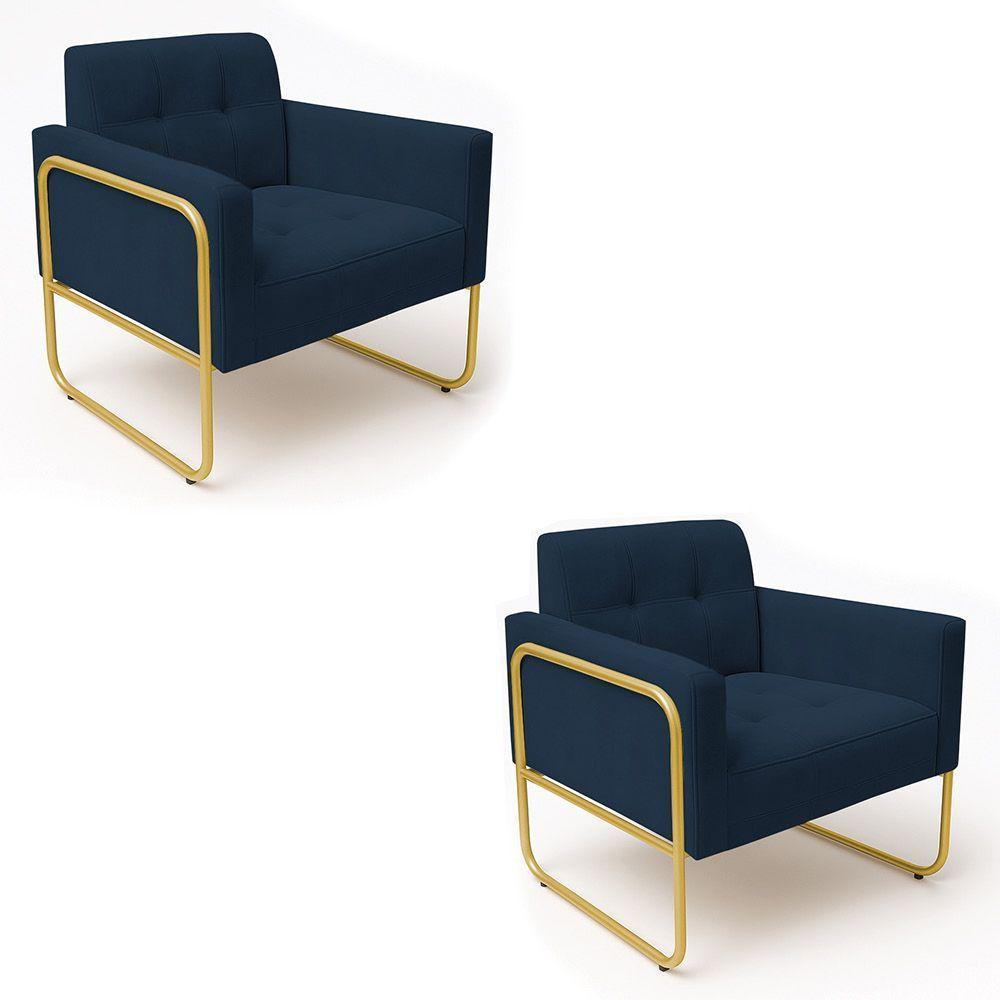 Poltrona Sala Industrial Alta Tubo Dourado Kit 2 Elisa Suede Azul Marinho D03 - D'rossi - 2