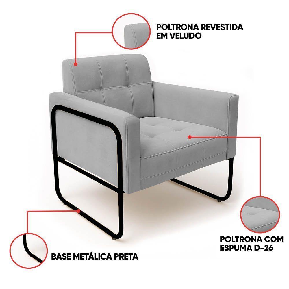 Poltrona Sala Industrial Alta Tubo Preto Kit 2 Elisa Veludo Cinza D03 - D'rossi - 3