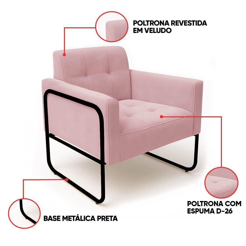 Poltrona Sala Industrial Alta Tubo Preto Elisa Veludo Rosê D03 - D'rossi - 3