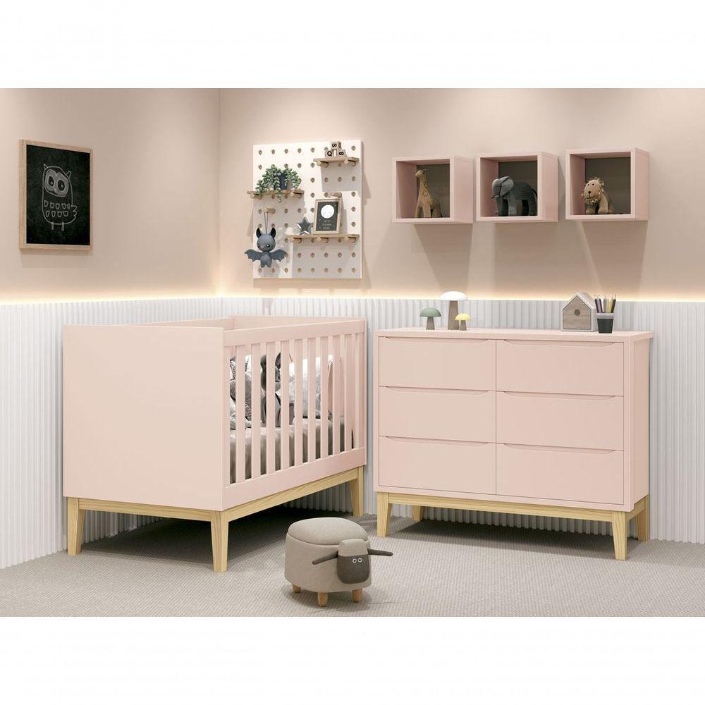 Jogo De Quarto Para Bebê Classic New Rosa Fosco Com Natural - Reller - 1