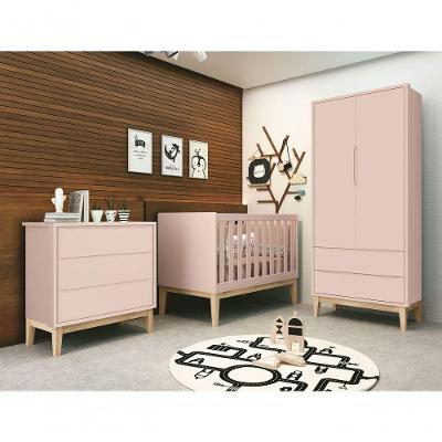 Jogo De Quarto Para Bebê Completo 2 Portas Classic New Rosa Fosco Com Natural - Reller