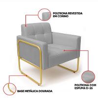 Poltrona Sala Industrial Alta Tubo Dourado Kit 2 Elisa Sintético Cinza D03 - D'rossi