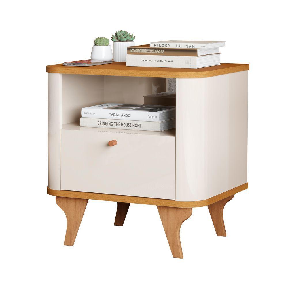 Mesa De Cabeceira Aruma Slim Com Cantos Arredondados Off White Com Nature - 1