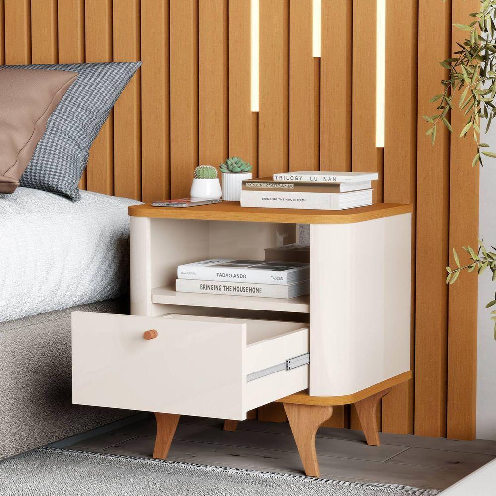 Mesa De Cabeceira Aruma Slim Com Cantos Arredondados Off White Com Nature - 4