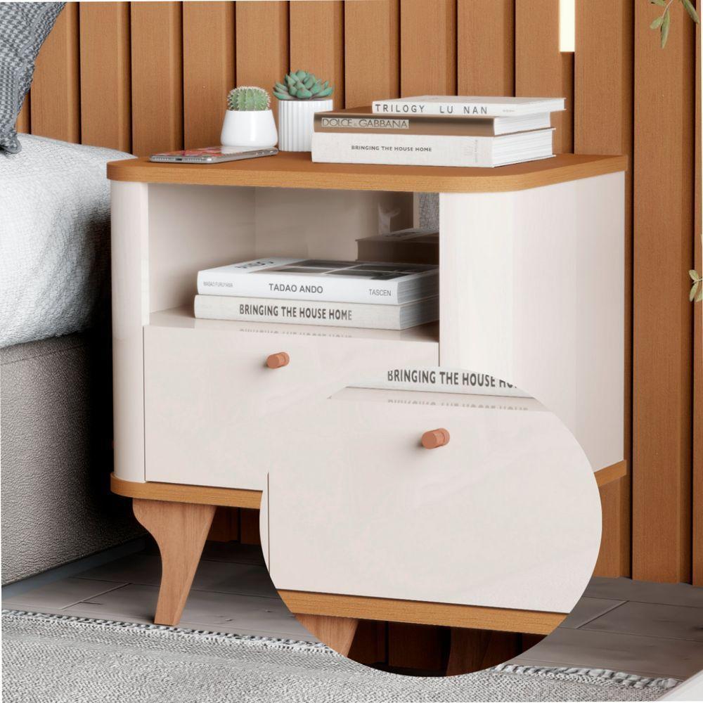 Mesa De Cabeceira Aruma Slim Com Cantos Arredondados Off White Com Nature - 5