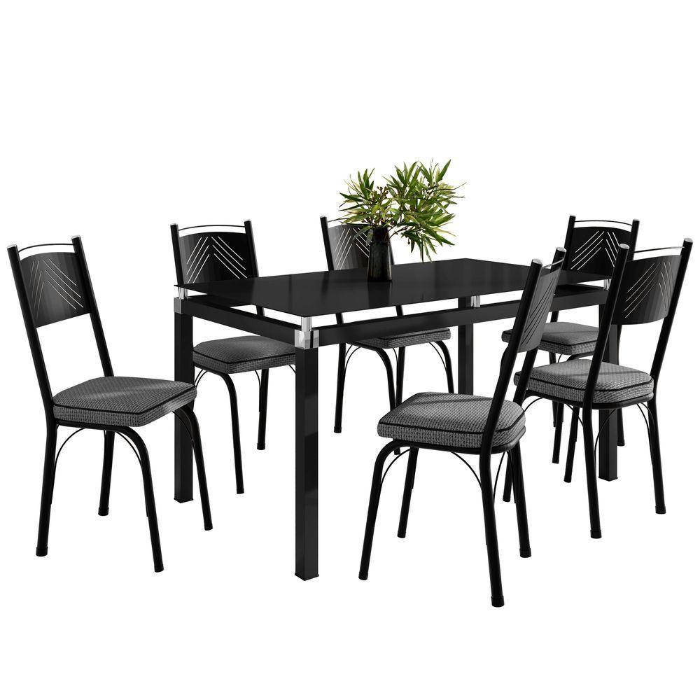 Conjunto Mesa De Jantar Com 6 Cadeiras 151 Malva Tampo Vidro 140cm Sf Preto Assento Platina - Combo Stock - 2