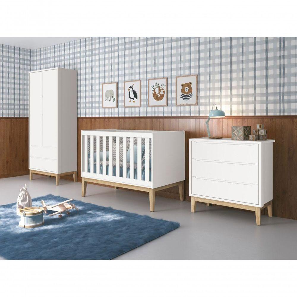 Jogo De Quarto Para Bebê Completo 2 Portas Classic New Branco Fosco Com Natural - Reller - 1