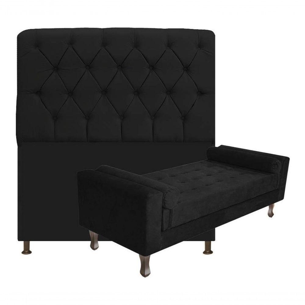 Kit Cabeceira Lady E Recamier Félix 140 Cm Casal Suede Rosê - Amarena Móveis Cor Preto Suede - 1