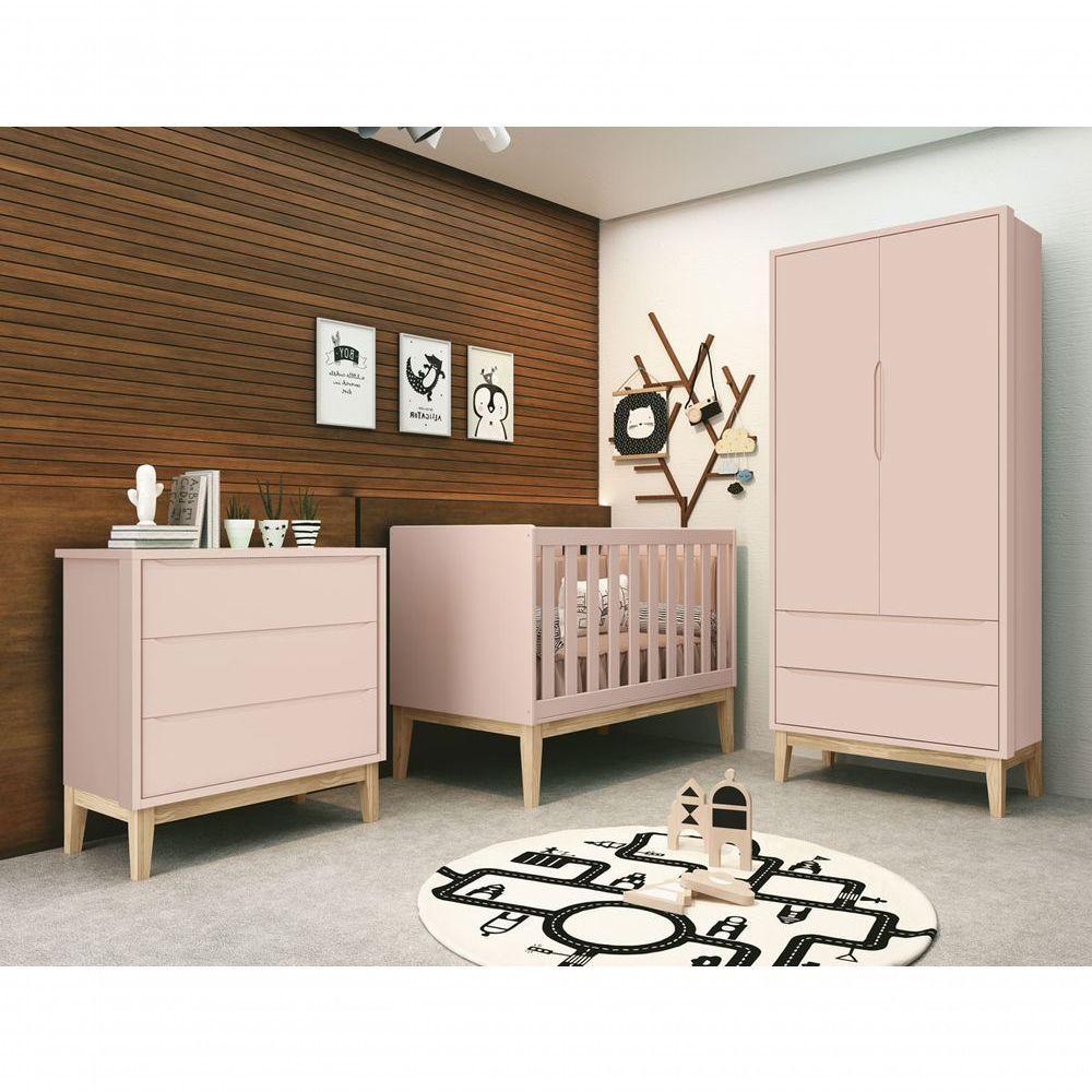 Jogo De Quarto Para Bebê Completo 2 Portas Classic New Rosa Fosco Com Natural - Moveisaqui - 1