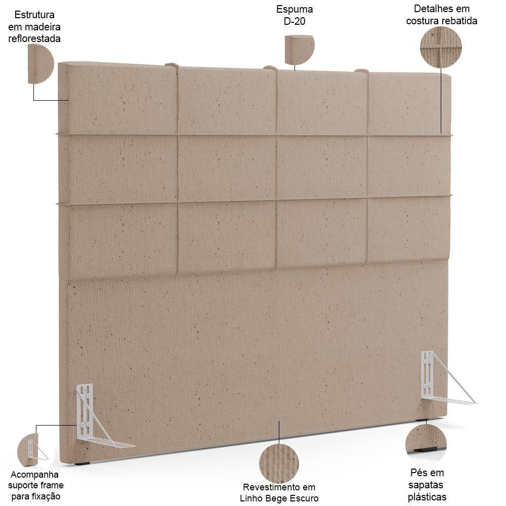 Kit Cabeceira Cama Box Queen 160cm Com Calçadeira Roma W01 Linho Bege Escuro - Lyam - 5