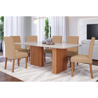 Sala De Jantar Completa Ester C- Tampo Madeirado C- Vidro 180x90cm E 6 Cadeiras Maia Nature-suede Gengibre Bege - Cimol