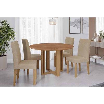 Sala De Jantar Completa Flora Tampo Madeirado 109cm E 4 Cadeiras Maia Cinamomo - Nature/suede Gengibre Bege - Cimol