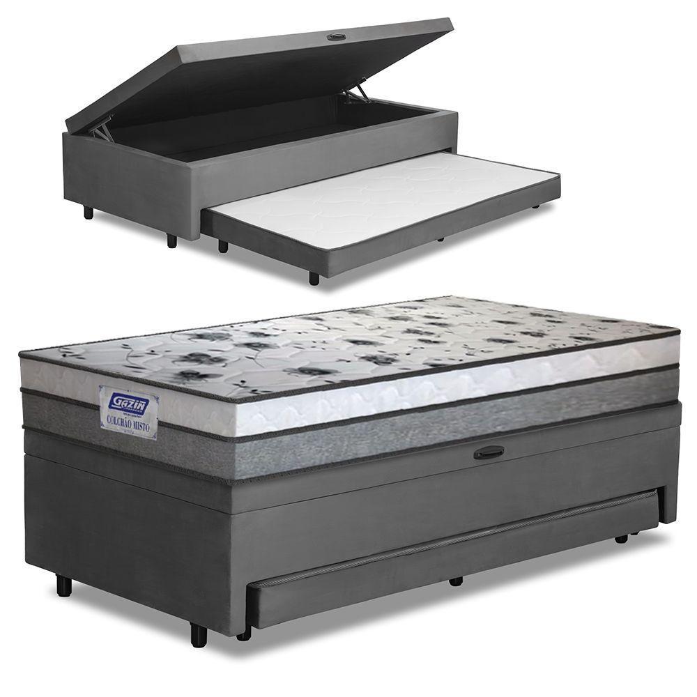 Cama Bibox Baú Com Colchão Fort Solteiro E Cama Auxiliar Conjugada 88x188x67cm Bela Cinza/branco - 1