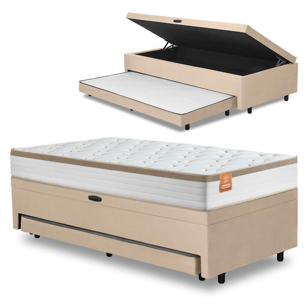 Cama Bibox Baú Com Colchão Real Solteiro E Cama Auxiliar Conjugada 88x188x73cm Bela Bege - 1