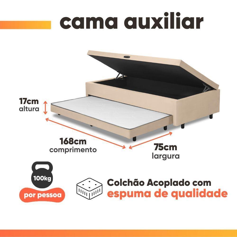 Cama Bibox Baú Com Colchão Real Solteiro E Cama Auxiliar Conjugada 88x188x73cm Bela Bege - 2