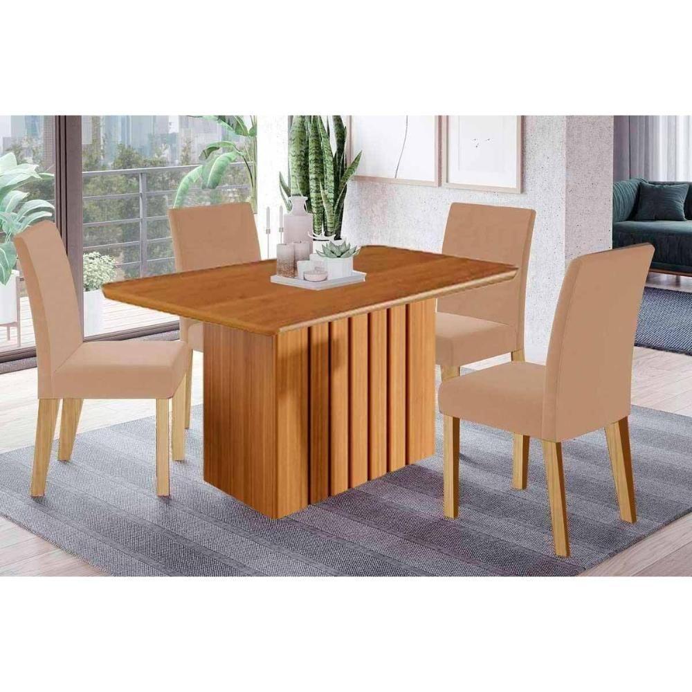 Sala De Jantar Completa Ana Tampo Madeirado 130x80cm E 4 Cadeiras Maia Cinamomo - Nature/suede Gengibre Bege - Cimol - 1