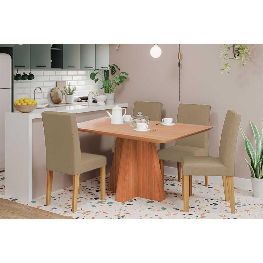 Sala De Jantar Completa Maitê Tampo Madeirado 130x80cm E 4 Cadeiras Maia Cinamomo - Nature/suede Gengibre Bege - Cimol - 1