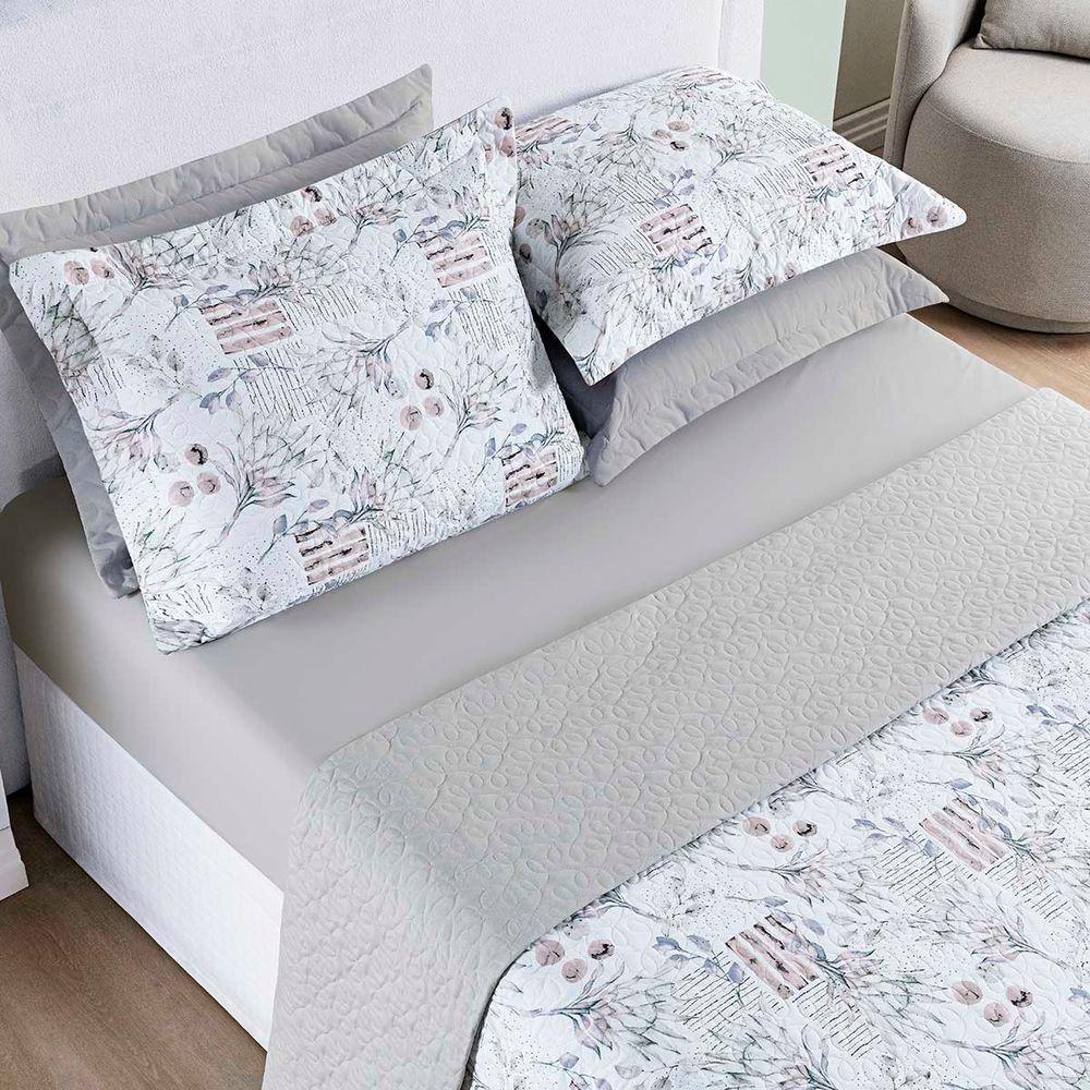 Kit Cobre Leito Colcha Maris Queen Estampado Dupla Face Percalle 200 Fios 3 Peças Protea Cinza - 1