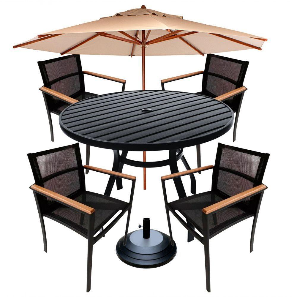 Jogo De Mesa Ripada 1,20m + 4 Cadeiras Amélia E Guarda Sol Piscina Preto - 1