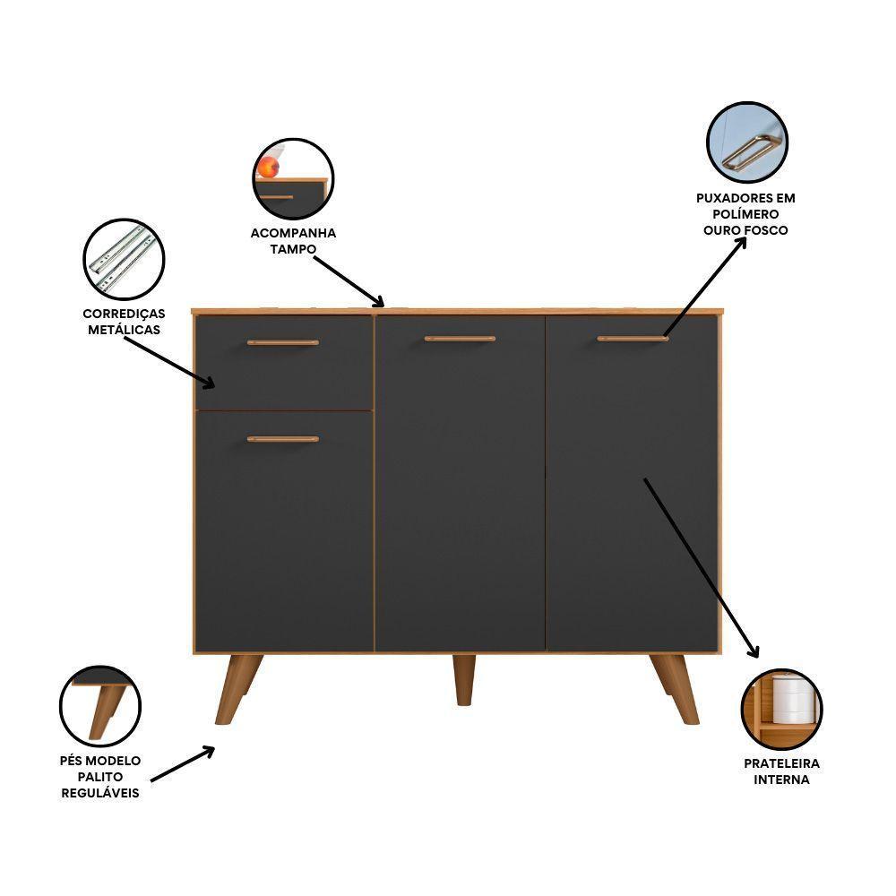 Balcão De Cozinha Com Tampo 1,05cm 3 Portas E 1 Gaveta Freijó Uv/grafite Acetinado Olinda - Poliman - 4