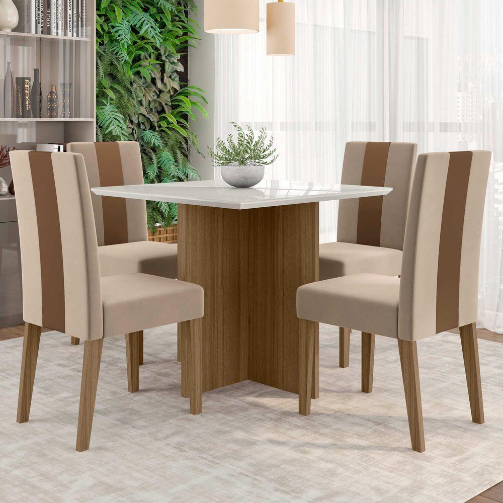 Conjunto Sala De Jantar Quadrada Mesa Helo Com Vidro 90cm E 04 Cadeiras Linea Carvalho/off White - Poliman - 1
